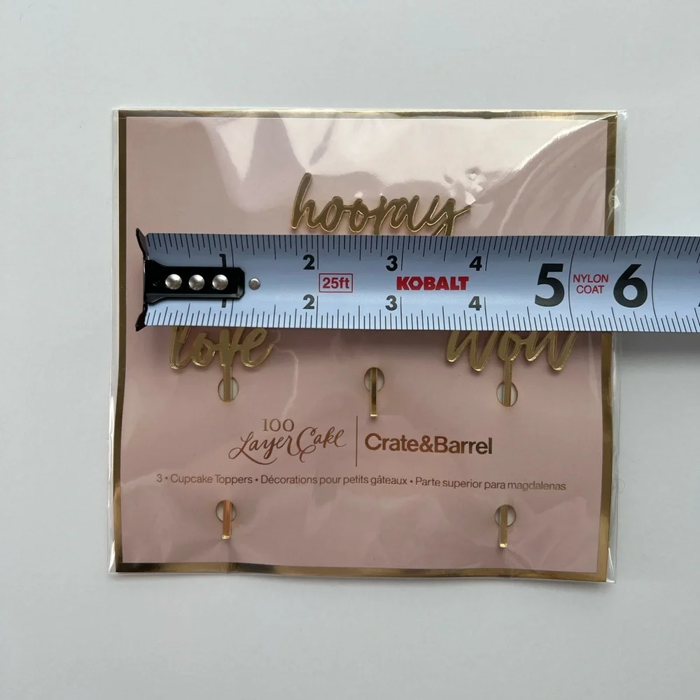Crate&Barrel Gold Script Cupcake Toppers. Set of 3. Hooray, Love, Wow